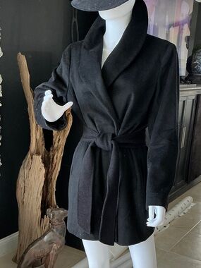 Calvin Klein Black Wrap Robe Coat with Self Tie